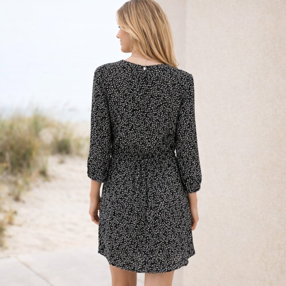 Garnet Hill Dress 4 Black White V Neck Tie Waist Boho Pockets 3/4 Sleeve Casual - Picture 11 of 15